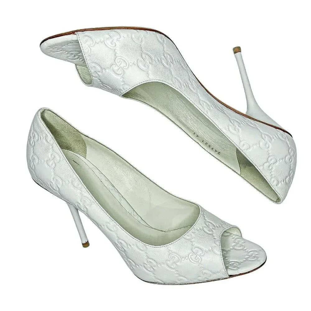 Gucci Guccissima Aleppo Peep Toe Pumps EU 41 White Double GG Monogram Heels